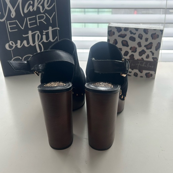 Vince Camuto Black Suede Mules with Gold Accents - Picture 3 of 7